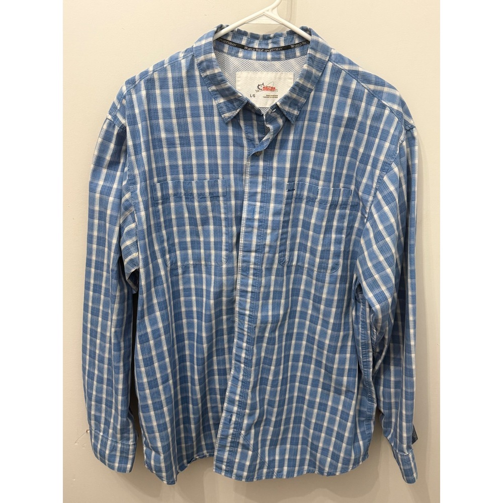World Wide Sportsman Men Large Plaid Fishing Shirt Long Sleeve Vented Blue White